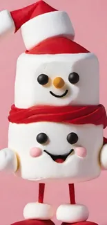 Smiling marshmallow snowmen with Santa hats.