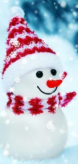 Cheerful snowman in red scarf and hat amidst snowfall.