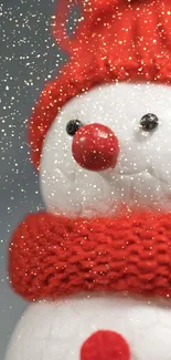 Charming festive snowman with red scarf and hat on a winter-themed wallpaper.