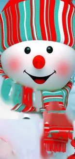 Festive snowman with striped hat and scarf, surrounded by wintry elements.