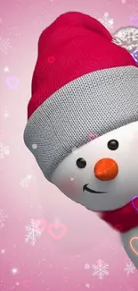 Adorable snowman with red hat on pink festive background.