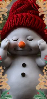 Smiling snowman with red hat, festive decorations, holiday theme.