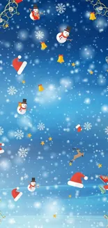 Festive wallpaper with snowmen, Santa hats, and snowflakes on a blue background.