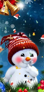 Cute snowman with festive decorations and Christmas ornaments on a blue background.