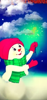 Cheerful snowman with sparkler in festive mobile wallpaper.