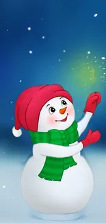 Cheerful snowman with red hat and green scarf in a snowy blue background.