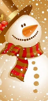 Charming snowman with a hat and scarf on a snowy mobile wallpaper.