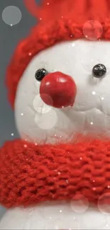 Festive snowman with red hat and scarf in winter scene.