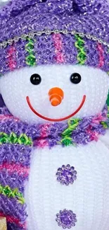 Festive snowman with purple hat and scarf mobile wallpaper.