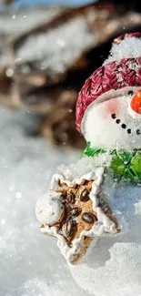 Charming snowman with red hat and snow-covered scene.