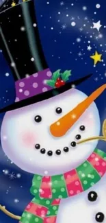 Cheerful snowman with hat and scarf in a starry, festive background.