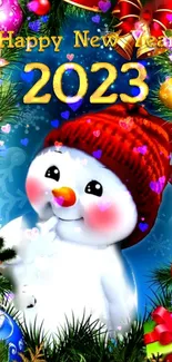 Colorful 2023 New Year wallpaper with snowman.