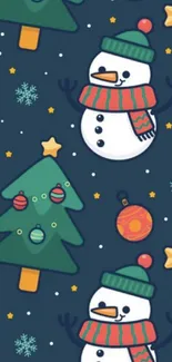 Festive snowman and Christmas tree wallpaper on a dark blue background.