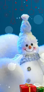 Cheerful snowman with gifts and holiday decorations on a blue snowy background.