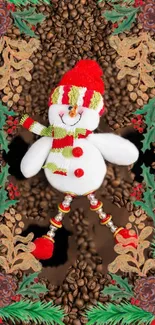 Festive snowman with coffee bean backdrop, pine cones, and vibrant foliage.