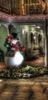 Charming snowman on a festive, decorated porch in holiday lights.