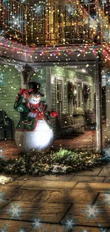 Snowman under festive lights on a cozy street corner.