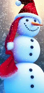 Snowman with a red Santa hat in a snowy holiday scene.