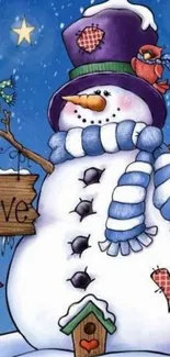 Festive snowman with birds and stars in a winter wonderland.