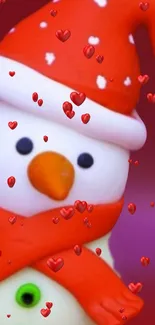 Festive snowman with red hat and hearts mobile wallpaper.