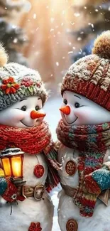 Two cheerful snowmen in winter attire with a glowing lantern in hand.
