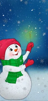 Snowman holding a sparkler against a blue winter background.