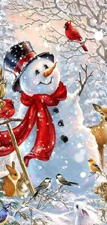 Snowman with red scarf surrounded by woodland animals in a snowy forest.