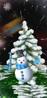 Cheerful snowman with Christmas tree in snowy background.