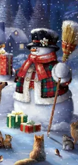 Charming snowman with animals and gifts in a snowy winter wonderland.