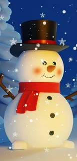 Snowman with red scarf and black hat in a snowy landscape wallpaper.