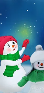 Snowman wallpaper with blue background and festive winter theme.