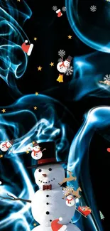 Festive wallpaper with snowman, smokey swirls, and Christmas icons on a dark background.