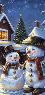 Festive winter wallpaper with snowmen and a Christmas tree in a snowy village.