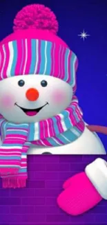 Cheerful snowman in pink hat and scarf against a starry night.