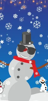 Cheerful snowman in sunglasses with snowflakes on a blue background.