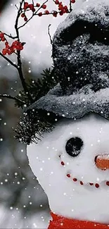 Charming snowman with berries and hat in snowy scene.