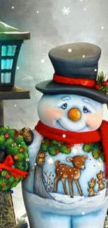 Charming snowman with festive decorations in winter setting.