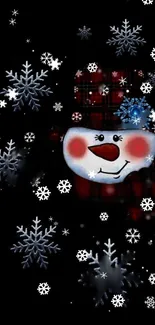 Festive snowman with plaid hat and snowflakes on a dark background.