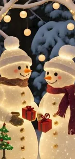 Two cheerful snowmen with gifts amidst glowing lights in a snowy backdrop.