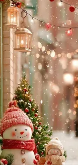 Festive snowman adorned with winter decorations and snowflakes falling softly.