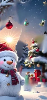 Festive snowman in a winter wonderland with Christmas trees and gifts.