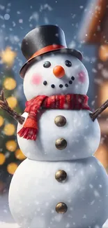 Cheerful snowman with red scarf and hat in snowy winter background.