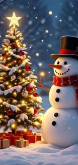 Festive snowman beside a Christmas tree at night.