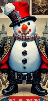 Snowman in vintage attire with red hat and historical backdrop.