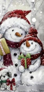 Charming snowmen with gifts and snowfall in festive holiday wallpaper.