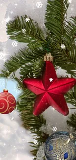 Snowy Christmas tree branches with festive ornaments.