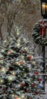 Christmas tree with snow and lights by a lamppost, capturing festive winter mood.