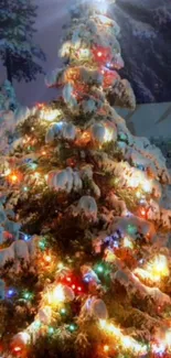 Snowy Christmas tree with colorful lights in winter night.