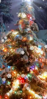 Snowy Christmas tree with colorful lights and snowflakes.