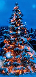 Festive snowy Christmas tree with glowing lights and a blue backdrop.